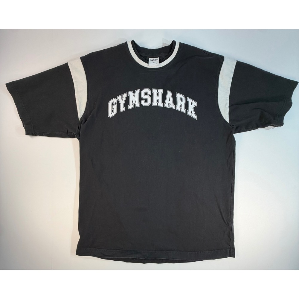 Gymshark Mens Medium Black White Varsity Logo Ringer T-Shirt Short Sleeve Active
